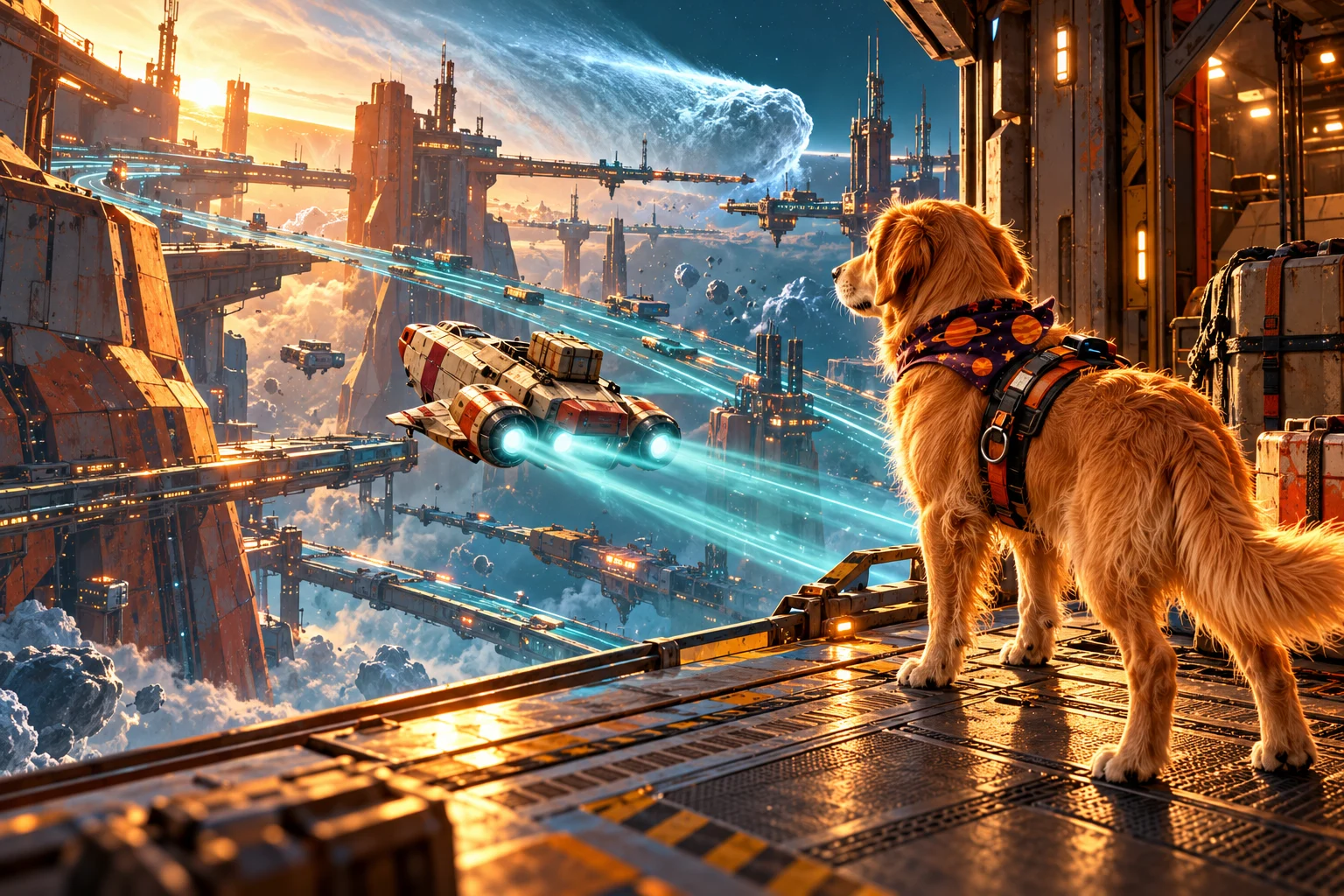 A natural golden retriever in a planet-pattern bandana watches a compact courier craft leave an orbital freight hangar.